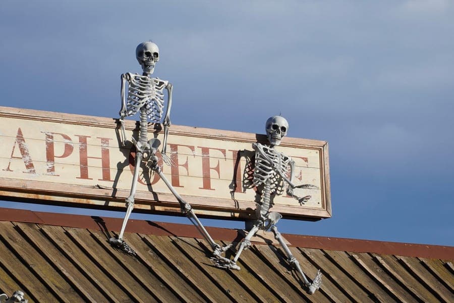 A large skeleton prop posed against a garage wall in low evening light